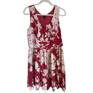 Talbots Swing Dress Sz 14P Floral Red Cream Ruching Chiffon Lined Feminine Girly